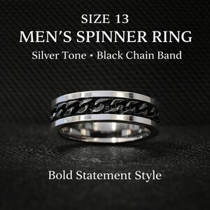 Brand New Men’s Size 13 Spinner Ring Silver Tone Black Chain Band Statement Ring